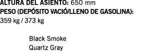 ALTURA DEL ASIENTO: 650 mm PESO (DEPÓSITO VACIÓ LLENO DE GASOLINA): 359 kg   373 kg   Black Smoke Quartz Gray