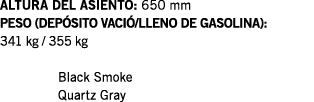 ALTURA DEL ASIENTO: 650 mm PESO (DEPÓSITO VACIÓ LLENO DE GASOLINA): 341 kg   355 kg  Black Smoke Quartz Gray