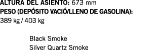 ALTURA DEL ASIENTO: 673 mm PESO (DEPÓSITO VACIÓ LLENO DE GASOLINA): 389 kg   403 kg  Black Smoke Silver Quartz Smoke